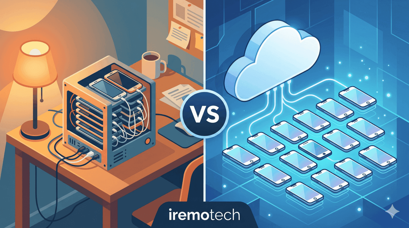 Box phone farm vs. granja remota de iPhones: ¿qué configuración realmente escala?