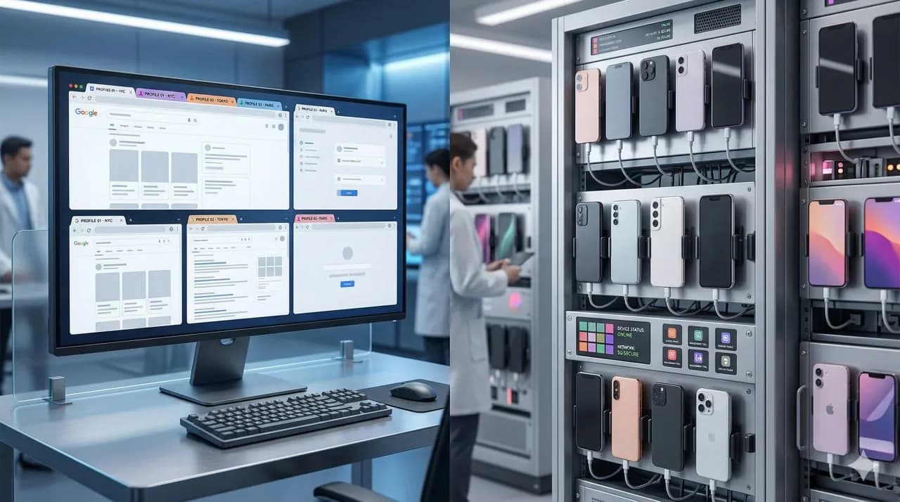 Visual comparison between browser-profile account management and a real mobile device infrastructure setup.