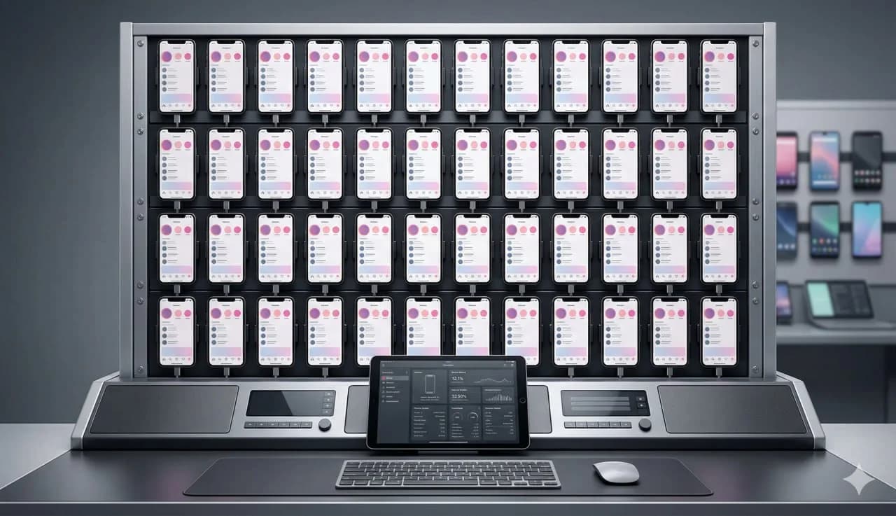 Comparatif entre une phone farm Instagram basée sur de vrais iPhones et un setup Android pour gestion multi-comptes.