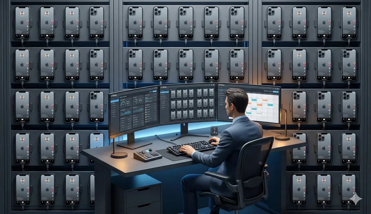 Professional TikTok phone farm setup using multiple real iPhones in a structured remote operations environment.