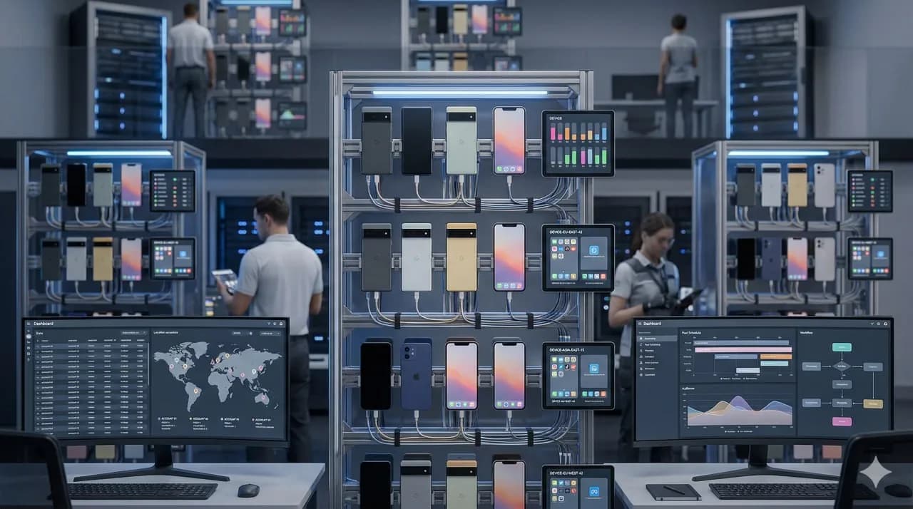 Environnement mobile professionnel pour gérer plusieurs comptes Instagram avec des contextes de device séparés.