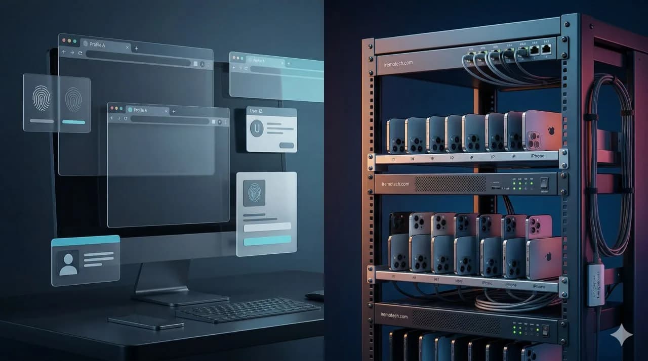 Desktop browser profiles contrasted with a remote rack of real iPhones for mobile operations.
