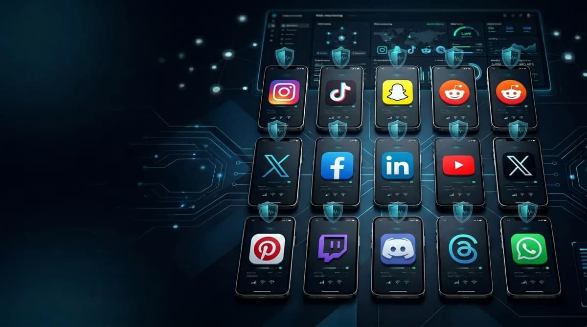 Social media apps on isolated mobile devices with security shields representing device-ban prevention